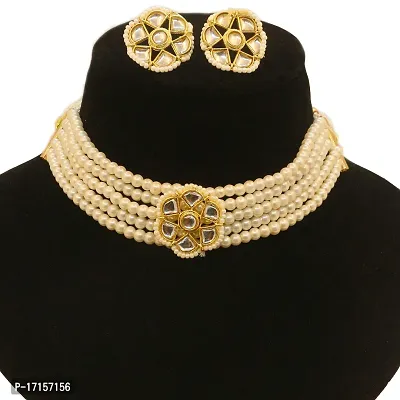 OMORFO Gold Plated Pearl Adorable Choker Necklace Earring Set for Women (White)-thumb5