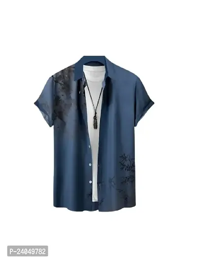 Hmkm Men's Lycra Lining Digital Printed Stitched Half Sleeve Shirt Casual Shirts (X-Large, Blue Tree)-thumb0