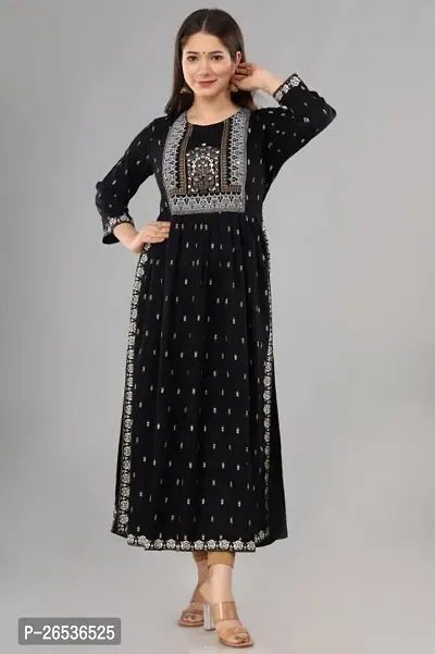 Stylish Black Cotton Blend Embroidered Straight Kurti For Women-thumb0