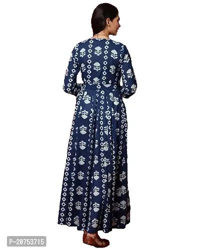 Elegant Printed Navy Blue Long Flared Dress For Women-thumb2