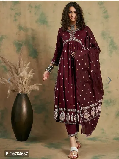 Elegant Rayon Naira Cut Kurta With Pant And Dupatta For Women