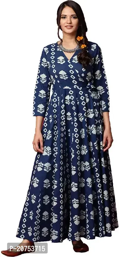 Elegant Printed Navy Blue Long Flared Dress For Women-thumb0