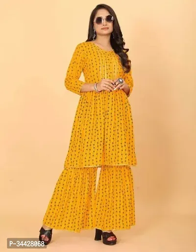 Trendy Rayon Printed Sharara and Flared Kurta Set-thumb0