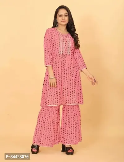 Trendy Rayon Printed Sharara and Flared Kurta Set-thumb0