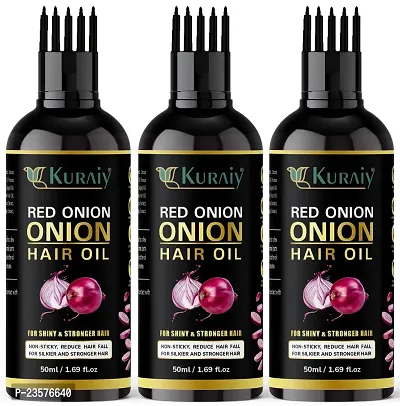 KURAIY New Onion Black Seed Hair Oil WITH COMB APPLICATOR Controls Hair Fall NO Mineral Oil Silicones Cooking Oil Synthetic Fragrance, Brown 50ml PACK OF 3