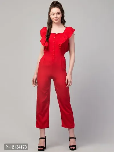 Stylish Red Crepe  Basic Jumpsuit For Women