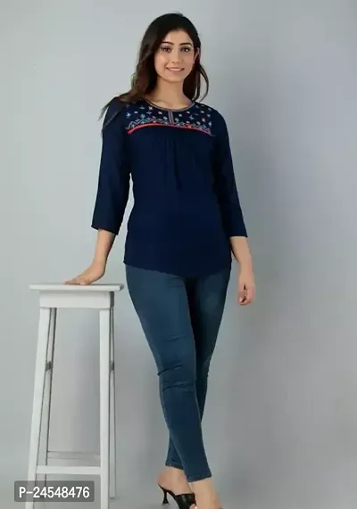 Elegant Navy Blue Rayon Self Design Tunic For Women-thumb0