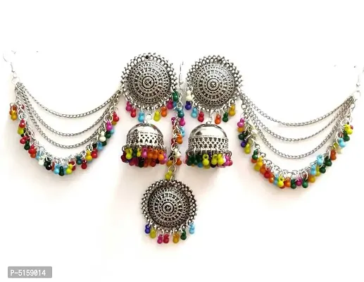 Traditional Multicolour Bahubali Earrings and Maang Tikka Set