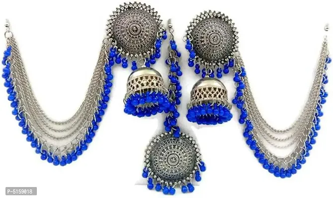 Traditional Blue Silver Bahubali Earrings and Maang Tikka Set
