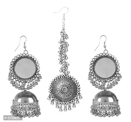 Traditional Silver Chandbali Earrings and Maang Tikka Set