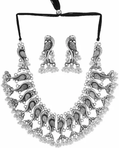 Shreyadzines Exclusive German Silver Oxidized Traditional Latest Fashion Peacock Choker Necklace with Earrings Jewellery Set for Women and Girls