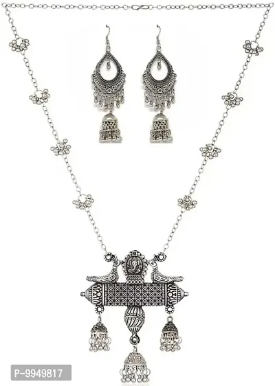 Silver Oxidized Alloy Long Necklace Set-thumb0