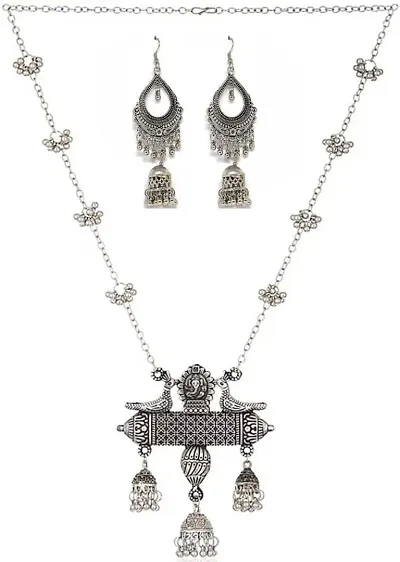 Casualwear Silver Oxidized Alloy Long Necklace Set