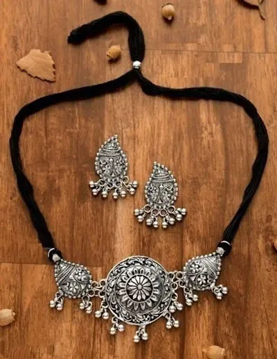 Trendy Oxidised Silver Necklace with Earrings for Women