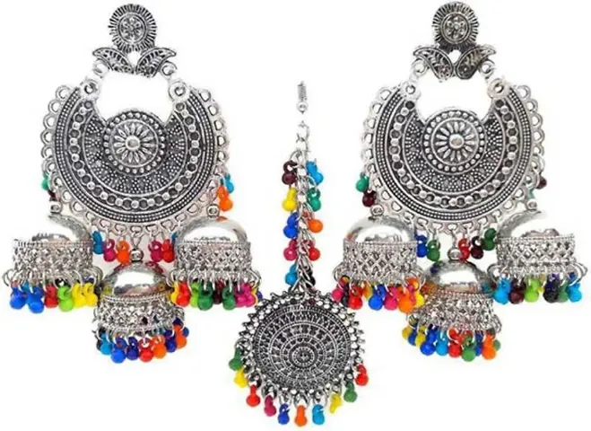 Trendy Multicolor Beads Bahubali Maang Tikka Set