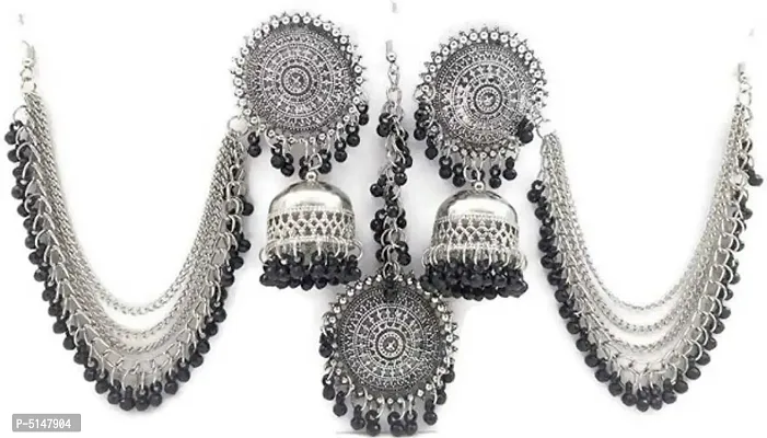 Fancy designer black beads maang tikka and earrings