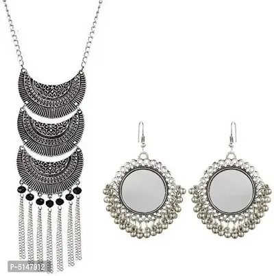 Silver Tribal layered chandbali necklace and Mirror earrings Jewellery set