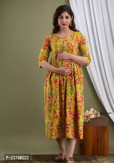 Trendy Yellow Printed Rayon Maternity Gown For Women-thumb0