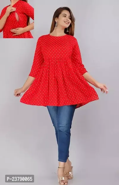 Elegant Red Cotton Printed Top For Women-thumb0