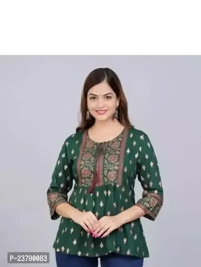 Elegant Green Cotton Printed Top For Women-thumb0