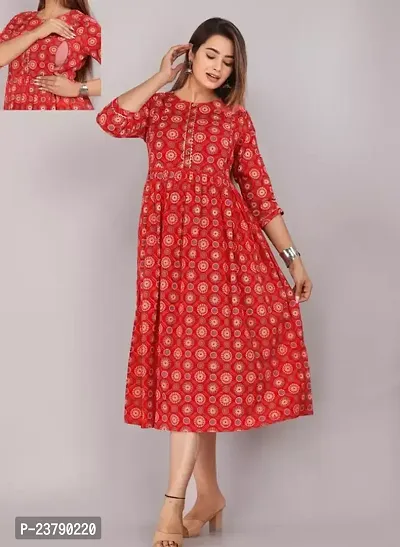 Trendy Red Printed Rayon Maternity Gown For Women-thumb0