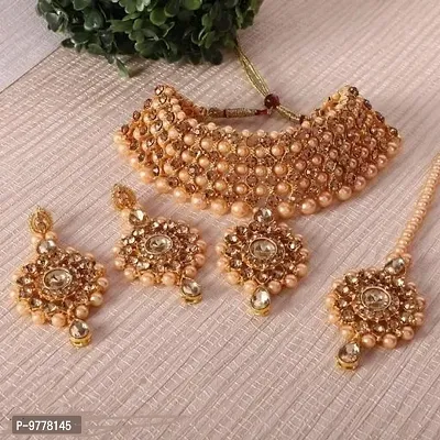 Peora Antique Traditional Gold Plated Kundan Choker Necklace Earring Set for Women Girls-thumb0
