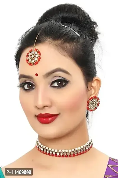 Traditional Choker with Earrings and Maangtikka Jewellery Set for Girls Womens