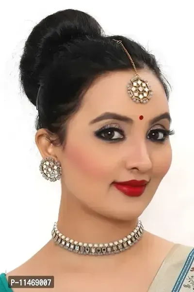 Traditional Choker with Earrings and Maangtikka Jewellery Set for Girls Womens-thumb0