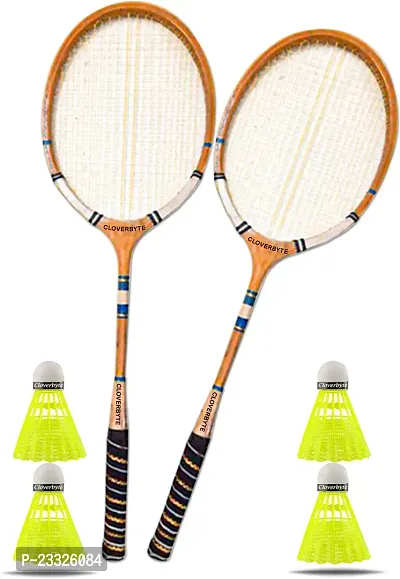 Best Quality Wooden Badminton Kit Set Of 2 Piece Racquet With 4 Piece Plastic Shuttle Cock Badminton Kit-thumb0