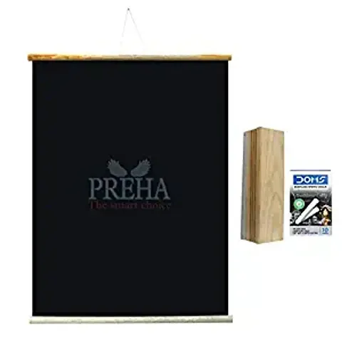 Preha The Smart Choice 1.5X2 Feets (18x24 Inchs) Wall Hanging Non-Magnetic Black Roll Up Board with 1 Wooden Duster  10 Chalk Combo