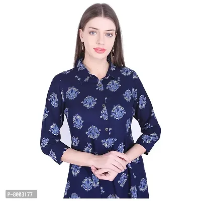 Faunashaw Women's Cotton Kurta Printed Long Kurti 3/4th Sleeve Casual Wear Kurtas for Girls (Navy Blue)-thumb2