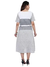 Faunashaw Women's Knee-Long Dress White & Grey Stripes Printed A-Line Dress-thumb3