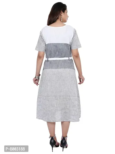 Faunashaw Women's Knee-Long Dress White & Grey Stripes Printed A-Line Dress-thumb4