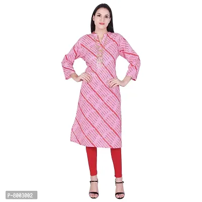 Faunashaw Women Cotton Rayon Straight Lehriya Print Kurti Pink-thumb0