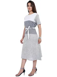 Faunashaw Women's Knee-Long Dress White & Grey Stripes Printed A-Line Dress-thumb1