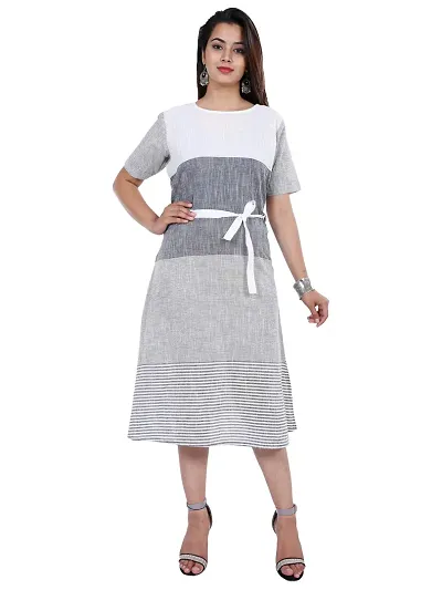 Faunashaw Women's Knee-Long Dress White & Grey Stripes Printed A-Line Dress