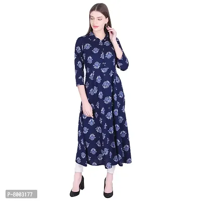 Faunashaw Women's Cotton Kurta Printed Long Kurti 3/4th Sleeve Casual Wear Kurtas for Girls (Navy Blue)-thumb0