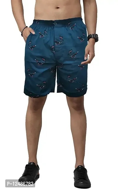 Relaxed Cotton Casual Elastic Shorts, Adjustable Button+Zip Pocket (M, Blue)