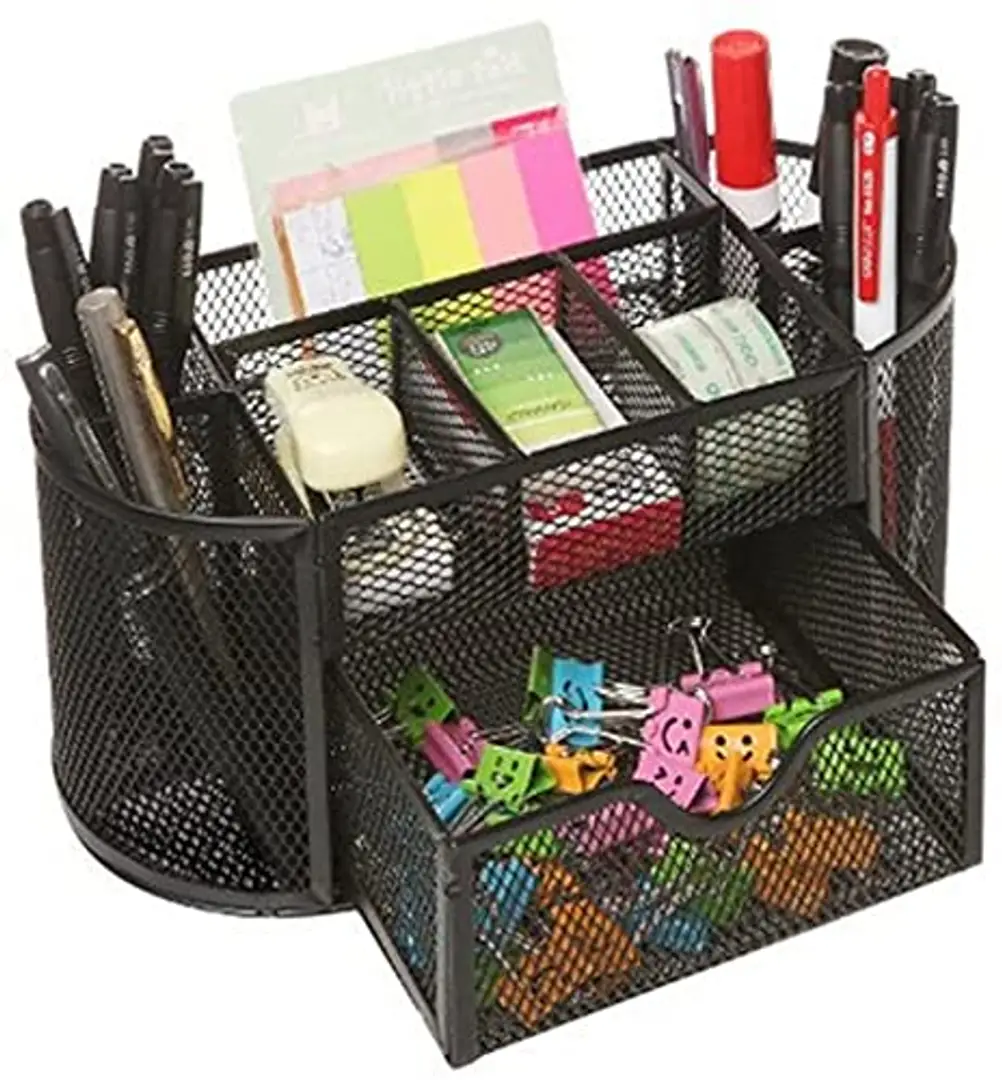 Comix Mesh Desktop Organizer Caddy for Office, 7 Compartments for Sticky  Notes, Staplers, and Pens - Black