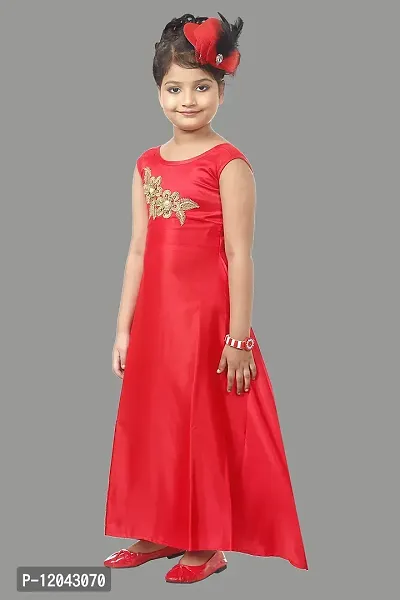 Atalia Girl's Pure Satin Sleeveless Maxi/Full Length Ethnic Wear Gown Dress, Red (Size: 4-5 Years); [R-GOWN-24]-thumb3