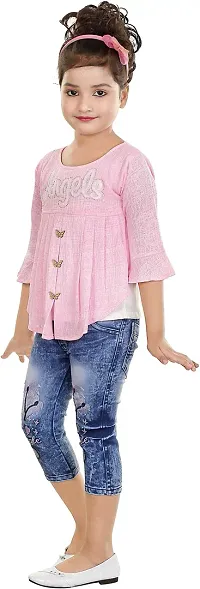 Atalia Girl's Cotton Blend Graphic Printed Western Wear Top and Jeans Set, Pink (Size: 6 - 7 Years); [P-ANGEL-28]-thumb2