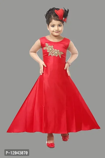 Atalia Girl's Pure Satin Sleeveless Maxi/Full Length Ethnic Wear Gown Dress, Red (Size: 4-5 Years); [R-GOWN-24]