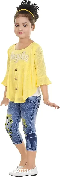 Atalia Girl's Cotton Blend Graphic Printed Western Wear Top and Jeans Set, Yellow And Blue (Size: 9 - 10 Years); [Y-ANGEL-34]-thumb3