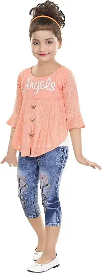 Atalia Girl's Cotton Blend Graphic Printed Western Wear Top and Jeans Set, Light Orange And Blue (Size: 9 - 10 Years); [T-ANGEL-34]-thumb2