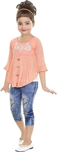Atalia Girl's Cotton Blend Graphic Printed Western Wear Top and Jeans Set, Light Orange And Blue (Size: 9 - 10 Years); [T-ANGEL-34]-thumb3