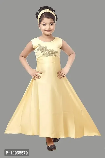 Atalia Girl's Pure Satin Sleeveless Maxi/Full Length Ethnic Wear Gown Dress, Cream (Size: 9-10 Years); [C-GOWN-34]