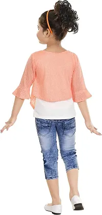 Atalia Girl's Cotton Blend Graphic Printed Western Wear Top and Jeans Set, Light Orange And Blue (Size: 9 - 10 Years); [T-ANGEL-34]-thumb1