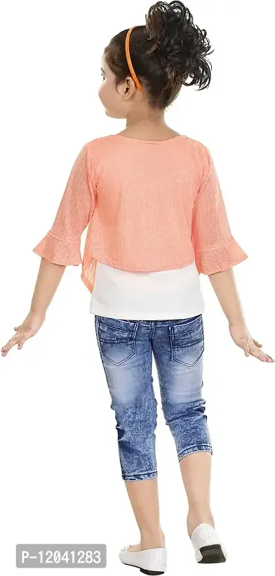 Atalia Girl's Cotton Blend Graphic Printed Western Wear Top and Jeans Set, Light Orange And Blue (Size: 9 - 10 Years); [T-ANGEL-34]-thumb2