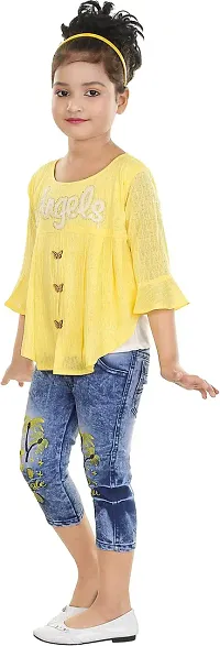 Atalia Girl's Cotton Blend Graphic Printed Western Wear Top and Jeans Set, Yellow (Size: 7 - 8 Years); [Y-ANGEL-30]-thumb2