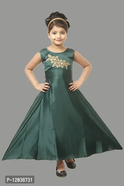 Atalia Girl's Pure Satin Sleeveless Maxi/Full Length Ethnic Wear Gown Dress, Green (Size: 5-6 Years); [G-GOWN-26]